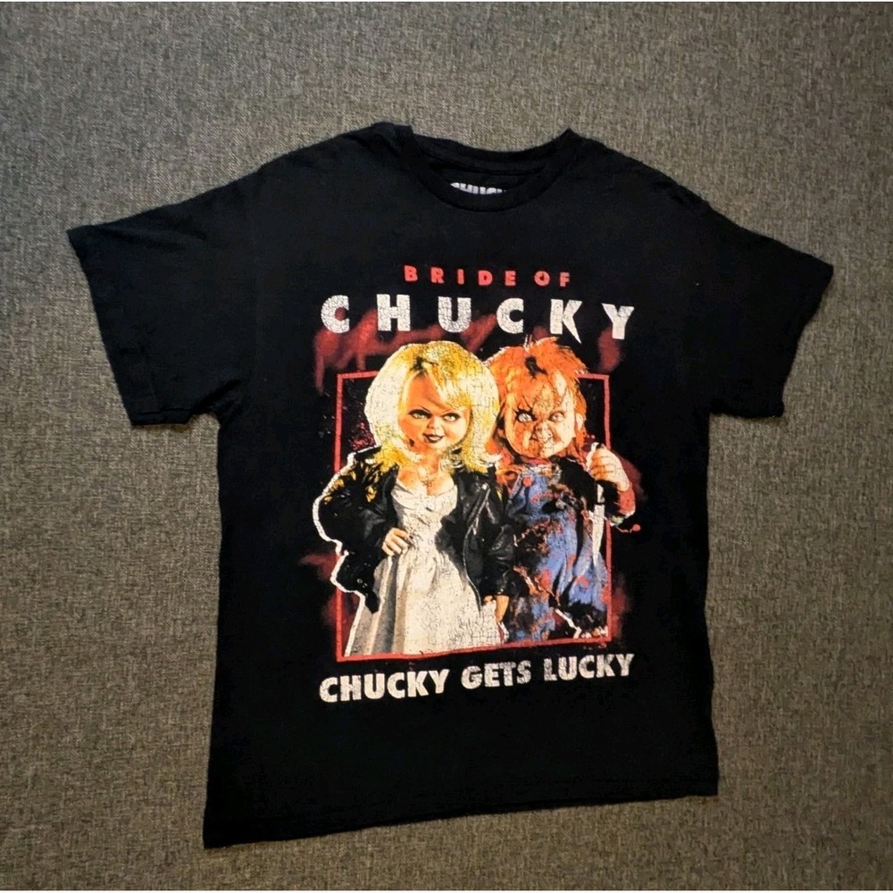 Bride Of Chucky Black T-shirt Chucky gets Lucky 100% Cotton size Large Movie Tee
